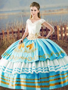 Sleeveless Organza Floor Length Lace Up Quinceanera Dresses in Blue And White with Embroidery and Ruffled Layers
