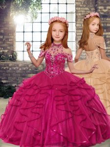 Floor Length Fuchsia Little Girl Pageant Gowns Sleeveless Lace Up