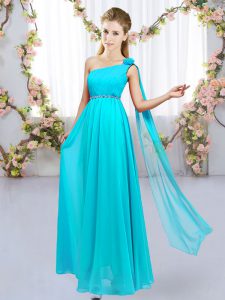 Low Price Aqua Blue One Shoulder Neckline Beading and Hand Made Flower Quinceanera Court of Honor Dress Sleeveless Lace Up