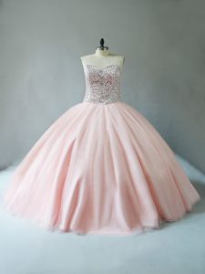 Lovely Sleeveless Floor Length Beading Lace Up Quince Ball Gowns with Peach