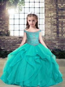 Customized Off The Shoulder Sleeveless Tulle Pageant Gowns Beading Lace Up