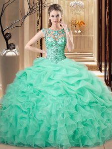 Spectacular Sleeveless Organza Floor Length Lace Up Quince Ball Gowns in Apple Green with Beading and Ruffles