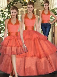 Orange Sleeveless Organza Lace Up Quince Ball Gowns for Sweet 16 and Quinceanera