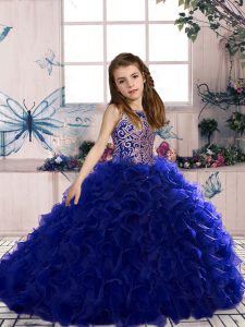 Royal Blue Lace Up Scoop Beading and Ruffles Little Girl Pageant Dress Organza Sleeveless