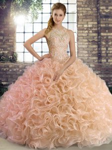Noble Beading Sweet 16 Dresses Peach Lace Up Sleeveless Floor Length