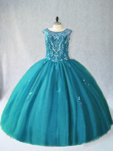 Romantic Teal Tulle Lace Up Sweet 16 Quinceanera Dress Sleeveless Floor Length Beading