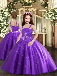 Pretty Purple Ball Gowns Straps Sleeveless Tulle Floor Length Lace Up Beading and Ruffled Layers Winning Pageant Gowns