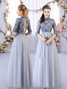 Attractive Grey High-neck Lace Up Appliques Quinceanera Court Dresses Half Sleeves