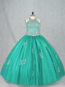 Luxurious Turquoise Tulle Lace Up Halter Top Sleeveless Floor Length Quinceanera Dress Beading and Appliques