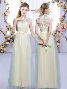Suitable Floor Length Champagne Court Dresses for Sweet 16 Tulle Cap Sleeves Lace and Bowknot