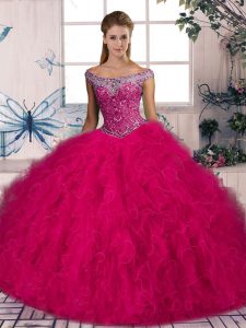 Tulle Off The Shoulder Sleeveless Brush Train Lace Up Beading and Ruffles 15th Birthday Dress in Hot Pink