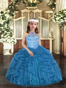 Sleeveless Lace Up Floor Length Beading and Ruffles Child Pageant Dress