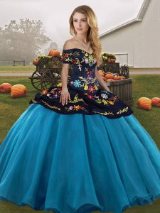 Trendy Floor Length Blue And Black Quinceanera Gowns Off The Shoulder Sleeveless Lace Up
