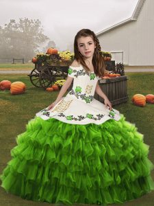 Sleeveless Organza Floor Length Lace Up Little Girl Pageant Gowns in Green with Embroidery and Ruffled Layers