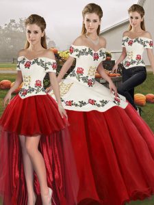 Flare Floor Length Three Pieces Sleeveless White And Red Quinceanera Dresses Lace Up