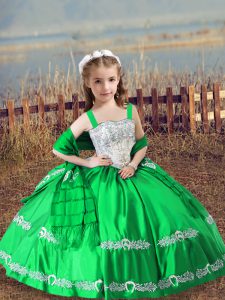 High End Sleeveless Satin Floor Length Lace Up Kids Pageant Dress in Green with Beading and Embroidery