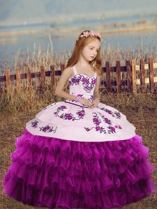 Straps Sleeveless Little Girl Pageant Dress Floor Length Embroidery and Ruffled Layers and Bowknot Fuchsia Organza