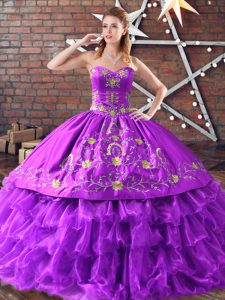 Purple Sweetheart Neckline Embroidery and Ruffled Layers Vestidos de Quinceanera Sleeveless Lace Up