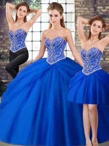 Simple Sweetheart Sleeveless Tulle 15th Birthday Dress Beading and Pick Ups Brush Train Lace Up