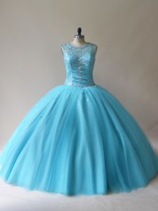 Noble Tulle Scoop Sleeveless Lace Up Beading Quinceanera Gown in Baby Blue