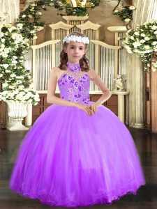 Excellent Sleeveless Floor Length Appliques Lace Up Kids Pageant Dress with Lavender