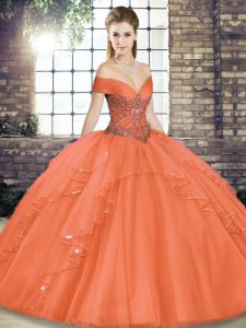 Exceptional Tulle Off The Shoulder Sleeveless Lace Up Beading and Ruffles Quinceanera Dress in Orange Red