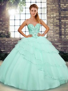 Apple Green Tulle Lace Up Sweetheart Sleeveless Quinceanera Gowns Brush Train Beading and Ruffled Layers