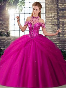 Brush Train Ball Gowns Quinceanera Dress Fuchsia Halter Top Tulle Sleeveless Lace Up