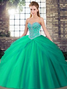 Fashion Sleeveless Beading and Pick Ups Lace Up Vestidos de Quinceanera with Turquoise Brush Train