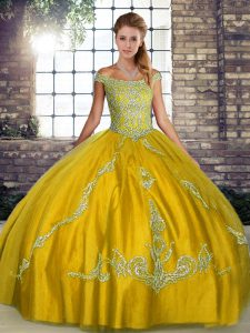 Wonderful Tulle Off The Shoulder Sleeveless Lace Up Beading and Embroidery Quinceanera Dress in Gold