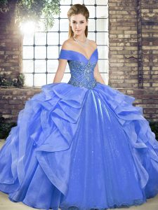 Sleeveless Floor Length Beading and Ruffles Lace Up Quinceanera Gown with Blue