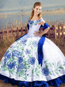 Blue And White Ball Gowns Satin and Organza Off The Shoulder Sleeveless Embroidery and Ruffles Floor Length Lace Up Quinceanera Gown
