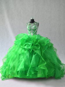 Green Organza Lace Up Quinceanera Gown Sleeveless Beading and Ruffles