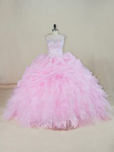 Spectacular Sleeveless Organza Brush Train Backless Quince Ball Gowns in Pink with Beading and Ruffles