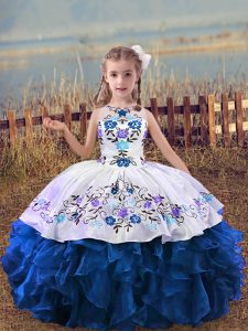 Popular Blue Organza Lace Up Scoop Sleeveless Floor Length Kids Formal Wear Embroidery and Ruffles