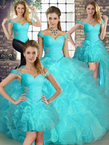 Fashion Off The Shoulder Sleeveless Lace Up Quinceanera Gowns Aqua Blue Organza