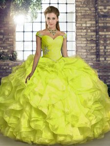 Floor Length Yellow Sweet 16 Dresses Off The Shoulder Sleeveless Lace Up