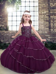 Purple Lace Up Straps Beading and Ruffled Layers Little Girl Pageant Gowns Sleeveless