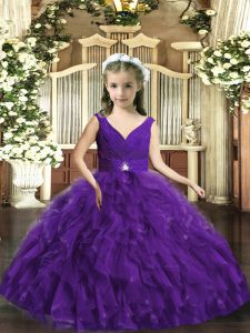 Stunning Ball Gowns Pageant Dress Toddler Purple V-neck Organza Sleeveless Floor Length Backless