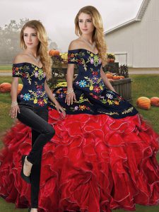 Inexpensive Red And Black Off The Shoulder Neckline Embroidery and Ruffles Vestidos de Quinceanera Sleeveless Lace Up