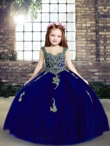 Straps Sleeveless Lace Up Kids Formal Wear Royal Blue Tulle
