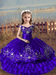 Satin and Organza Off The Shoulder Sleeveless Lace Up Embroidery and Ruffled Layers Little Girls Pageant Dress Wholesale in Purple