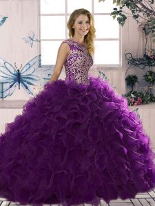 Edgy Floor Length Lace Up Vestidos de Quinceanera Purple for Military Ball and Sweet 16 and Quinceanera with Beading and Ruffles