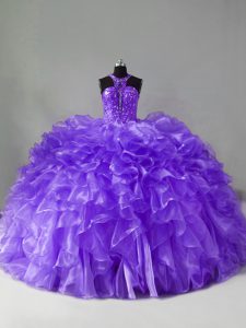 Beautiful Halter Top Sleeveless Brush Train Zipper Sweet 16 Dresses Lavender Organza