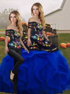 Blue And Black Two Pieces Tulle Off The Shoulder Sleeveless Embroidery and Ruffles Floor Length Lace Up Quinceanera Gown