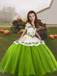 Green Organza Lace Up Kids Formal Wear Sleeveless Floor Length Embroidery