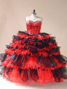 Inexpensive Red And Black Lace Up Quince Ball Gowns Beading and Ruffled Layers Sleeveless Floor Length