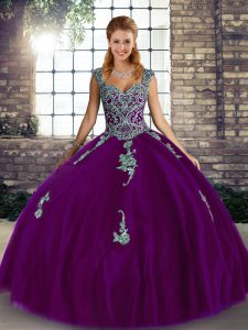 Custom Design Purple Ball Gowns Beading and Appliques Quinceanera Gowns Lace Up Tulle Sleeveless Floor Length