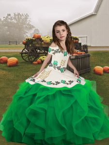 Hot Sale Floor Length Lace Up Glitz Pageant Dress Green and In with Embroidery and Ruffles