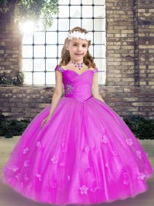 Fuchsia Straps Neckline Beading and Hand Made Flower Little Girls Pageant Dress Wholesale Sleeveless Lace Up